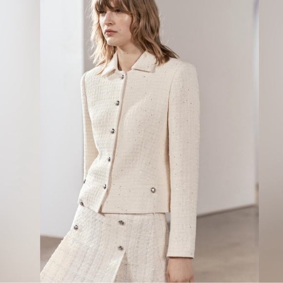 Zara NWOT Cream Textured Cotton Fitted Jacket Silver Sequin Appliqués - Picture 12 of 12